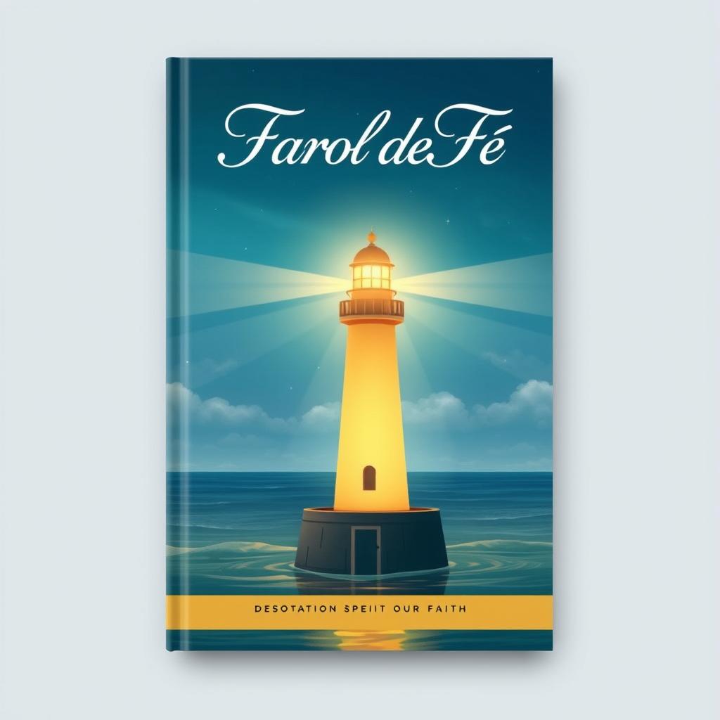 A book cover design for a devotional titled 'Farol da Fé', featuring a serene lighthouse illuminating the night sky with a warm light, symbolizing guidance and hope