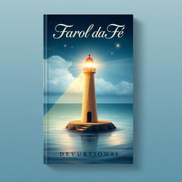 A book cover design for a devotional titled 'Farol da Fé', featuring a serene lighthouse illuminating the night sky with a warm light, symbolizing guidance and hope