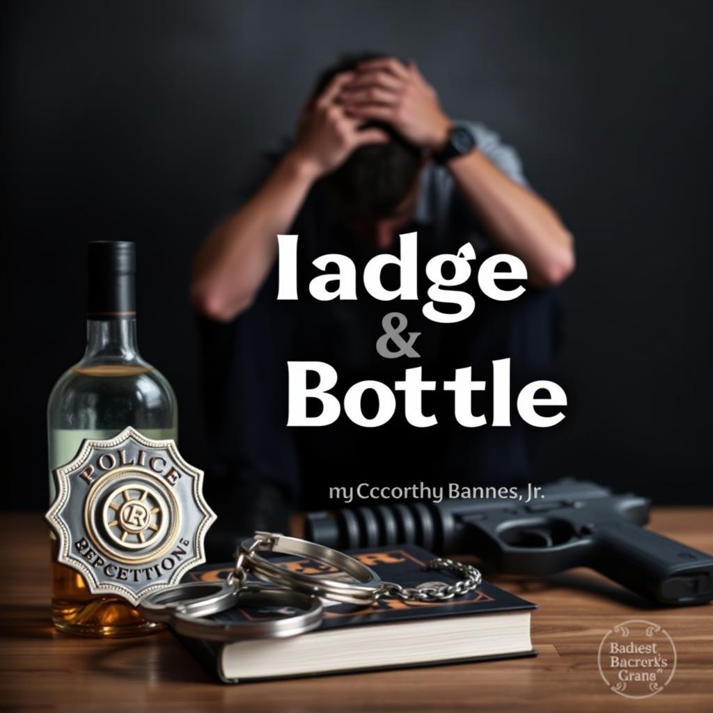 A police badge, a liquor bottle, a service weapon, and handcuffs are strategically placed in the foreground