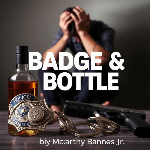 A police badge, a liquor bottle, a service weapon, and handcuffs are strategically placed in the foreground