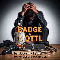 A police badge, a liquor bottle, a service weapon, and handcuffs are strategically placed in the foreground