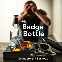 A police badge, a liquor bottle, a service weapon, and handcuffs are strategically placed in the foreground