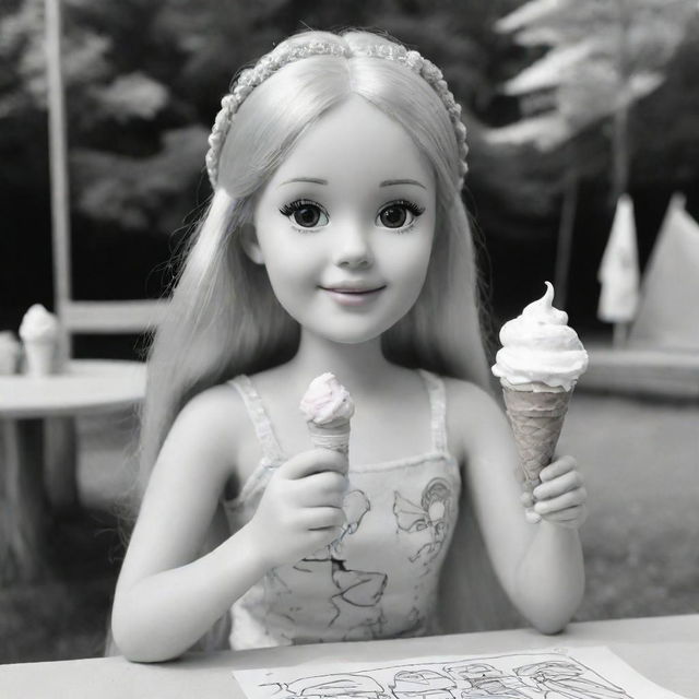 Two-dimensional, black and white cartoon-style colouring page of a Down syndrome Barbie fairy at camp eating an ice cream on a white background.