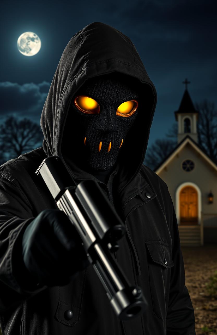 A masked person of African descent holding a gun, dressed in a dark hooded windcheater