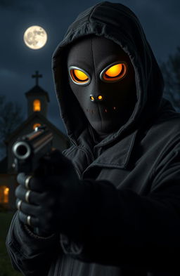 A masked person of African descent holding a gun, dressed in a dark hooded windcheater