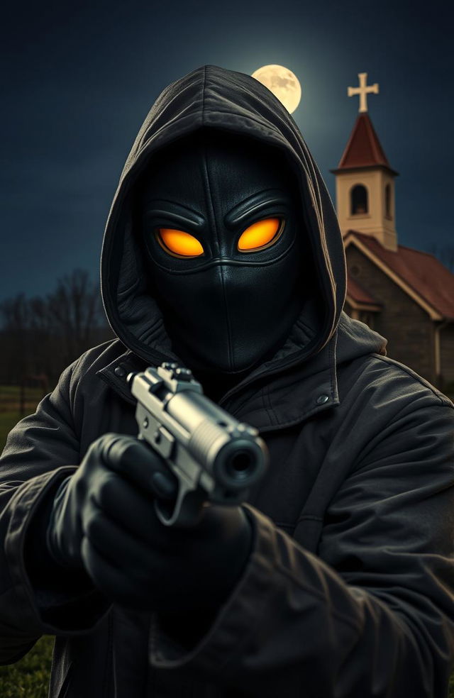 A masked person of African descent holding a gun, dressed in a dark hooded windcheater