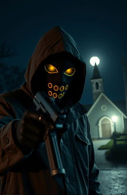 A masked person of African descent holding a gun, dressed in a dark hooded windcheater