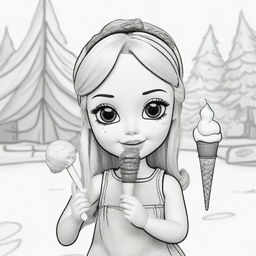 Two-dimensional, black and white cartoon-style colouring page of a Down syndrome Barbie fairy at camp eating an ice cream on a white background.