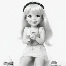 Two-dimensional, black and white cartoon-style colouring page of a Down syndrome Barbie fairy at camp eating an ice cream on a white background.