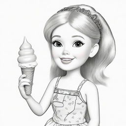 Two-dimensional, black and white cartoon-style colouring page of a Down syndrome Barbie fairy at camp eating an ice cream on a white background.