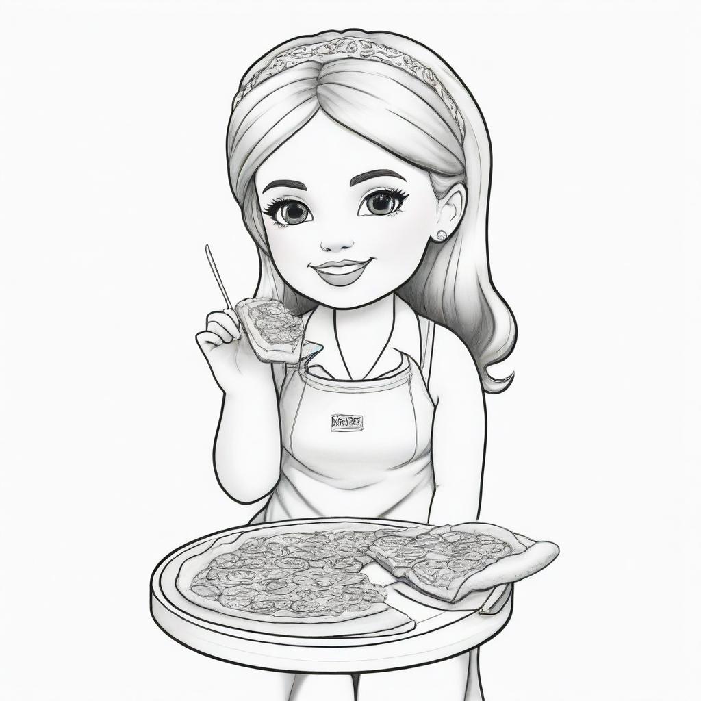 Two-dimensional, black and white cartoon-style colouring page of a Down syndrome Barbie fairy eating a pizza on a white background.