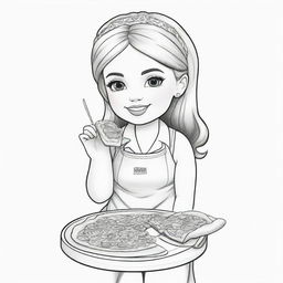 Two-dimensional, black and white cartoon-style colouring page of a Down syndrome Barbie fairy eating a pizza on a white background.