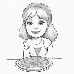 Two-dimensional, black and white cartoon-style colouring page of a Down syndrome Barbie fairy eating a pizza on a white background.