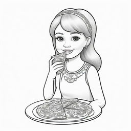 Two-dimensional, black and white cartoon-style colouring page of a Down syndrome Barbie fairy eating a pizza on a white background.