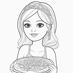 Two-dimensional, black and white cartoon-style colouring page of a Down syndrome Barbie fairy eating a pizza on a white background.