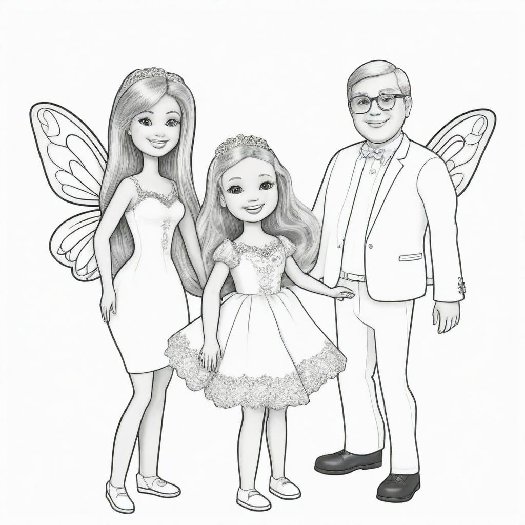 Two-dimensional, black and white cartoon-style colouring page of a Down syndrome Barbie fairy having fun with her parents on a white background.