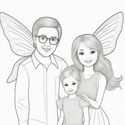 Two-dimensional, black and white cartoon-style colouring page of a Down syndrome Barbie fairy having fun with her parents on a white background.