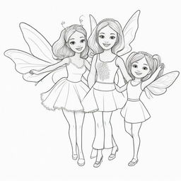 Two-dimensional, black and white cartoon-style colouring page of a Down syndrome Barbie fairy having fun with her parents on a white background.