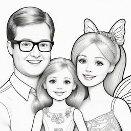 Two-dimensional, black and white cartoon-style colouring page of a Down syndrome Barbie fairy having fun with her parents on a white background.