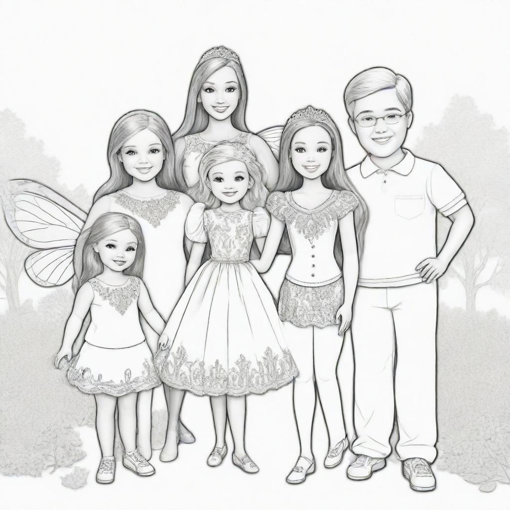 Two-dimensional, black and white cartoon-style colouring page of a Down syndrome Barbie fairy having fun with her family on a white background.