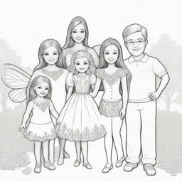 Two-dimensional, black and white cartoon-style colouring page of a Down syndrome Barbie fairy having fun with her family on a white background.