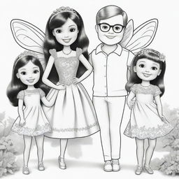 Two-dimensional, black and white cartoon-style colouring page of a Down syndrome Barbie fairy having fun with her family on a white background.