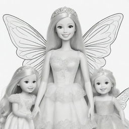 Two-dimensional, black and white cartoon-style colouring page of a Down syndrome Barbie fairy having fun with her family on a white background.