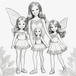 Two-dimensional, black and white cartoon-style colouring page of a Down syndrome Barbie fairy having fun with her family on a white background.