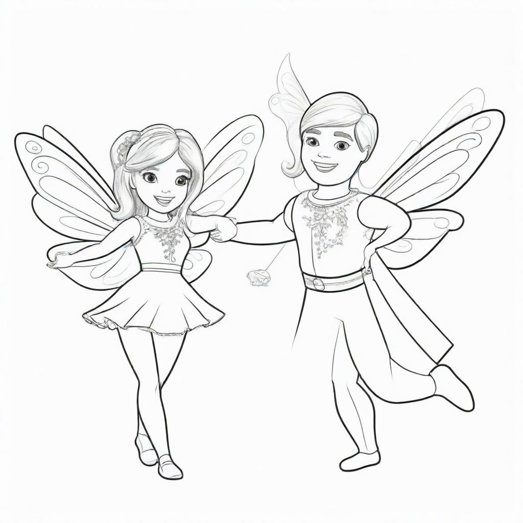 Two-dimensional, black and white cartoon-style colouring page of a Down syndrome Barbie fairy having fun with her boyfriend on a white background.