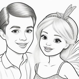 Two-dimensional, black and white cartoon-style colouring page of a Down syndrome Barbie fairy having fun with her boyfriend on a white background.