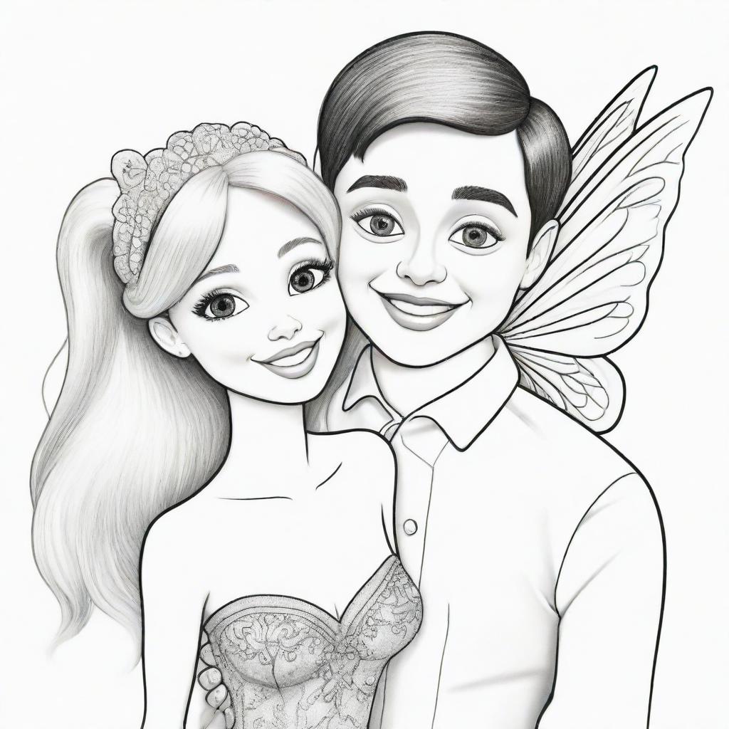 Two-dimensional, black and white cartoon-style colouring page of a Down syndrome Barbie fairy having fun with her boyfriend on a white background.