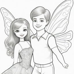 Two-dimensional, black and white cartoon-style colouring page of a Down syndrome Barbie fairy having fun with her boyfriend on a white background.