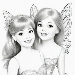 Two-dimensional, black and white cartoon-style colouring page of a Down syndrome Barbie fairy having fun with her boyfriend on a white background.