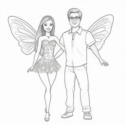 Two-dimensional, black and white cartoon-style colouring page of a Down syndrome Barbie fairy having fun with her boyfriend on a white background.