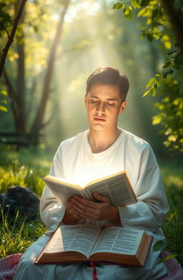 A serene and spiritual depiction of a person in a tranquil setting, engaged in heartfelt prayer with a Sacred Scripture book open in front of them