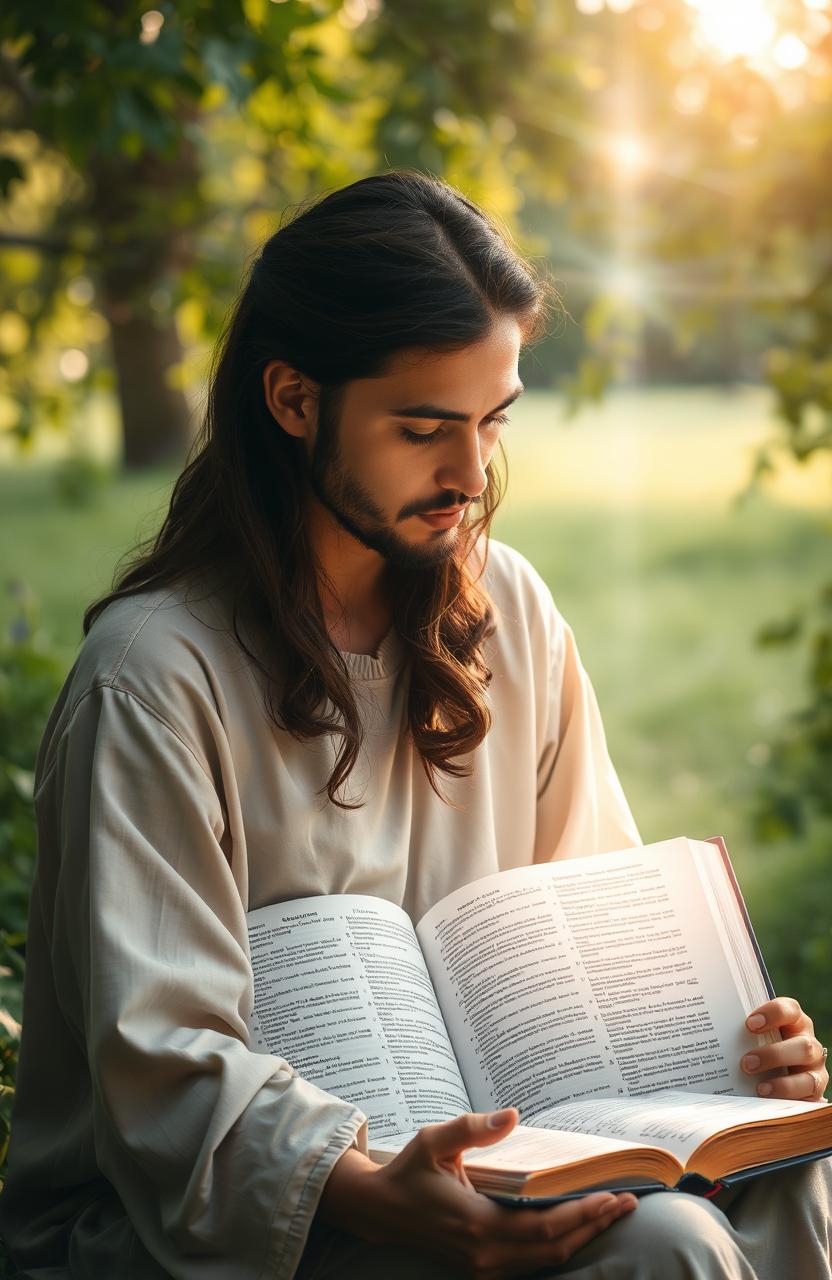 A serene and spiritual depiction of a person in a tranquil setting, engaged in heartfelt prayer with a Sacred Scripture book open in front of them