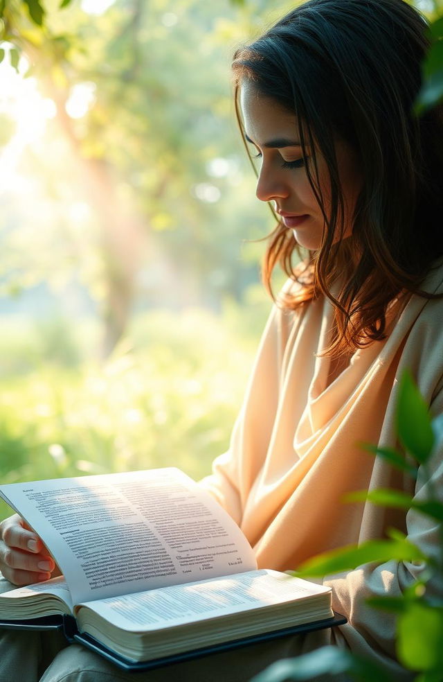 A serene and spiritual depiction of a person in a tranquil setting, engaged in heartfelt prayer with a Sacred Scripture book open in front of them