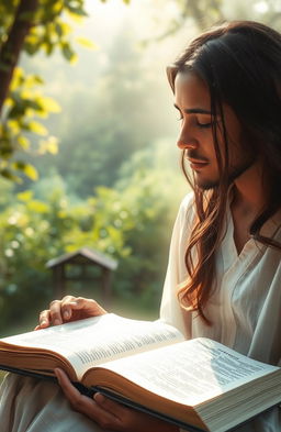 A serene and spiritual depiction of a person in a tranquil setting, engaged in heartfelt prayer with a Sacred Scripture book open in front of them