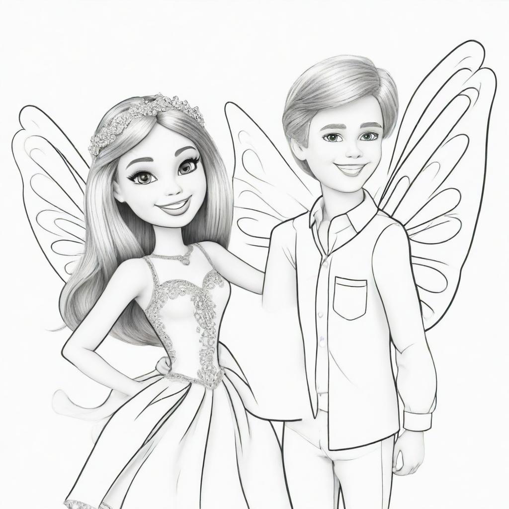 Two-dimensional, black and white cartoon-style colouring page of a Down syndrome Barbie fairy having fun with her boyfriend on a white background.