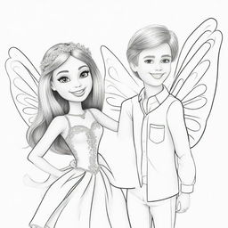 Two-dimensional, black and white cartoon-style colouring page of a Down syndrome Barbie fairy having fun with her boyfriend on a white background.