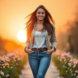 A young woman walking confidently towards a bright and hopeful future