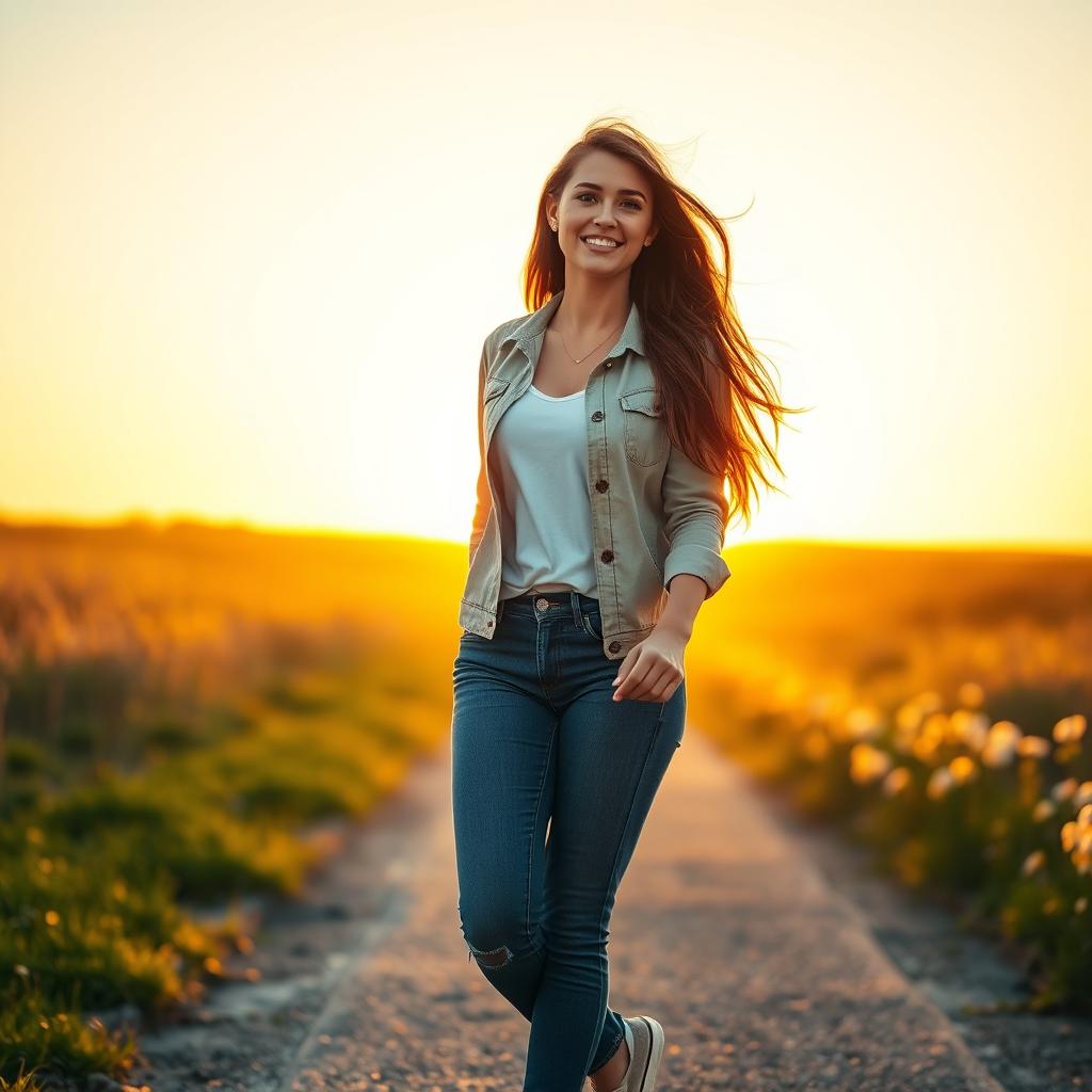 A young woman walking confidently towards a bright and hopeful future