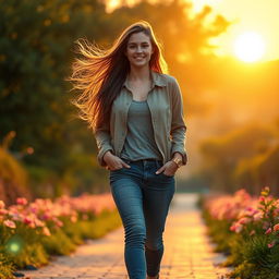 A young woman walking confidently towards a bright and hopeful future