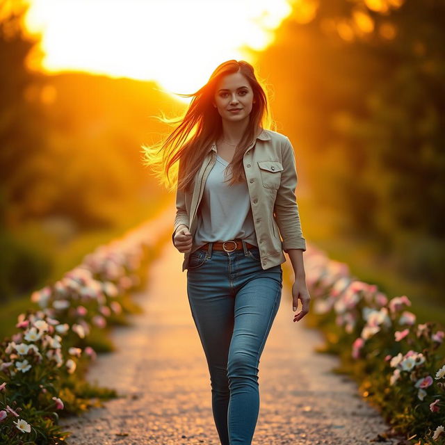 A young woman walking confidently towards a bright and hopeful future