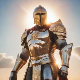 Picture the Sun Knight, a gallant superhero clad in radiant armor, holding a gleaming sword bathed in sunlight. He stands against a radiant sky, ready to uphold justice