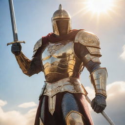 Picture the Sun Knight, a gallant superhero clad in radiant armor, holding a gleaming sword bathed in sunlight. He stands against a radiant sky, ready to uphold justice