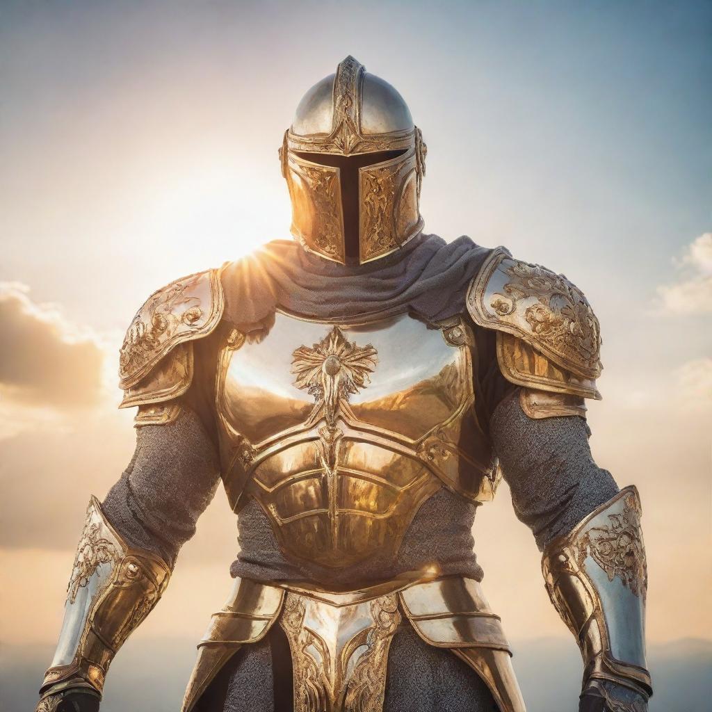 Picture the Sun Knight, a gallant superhero clad in radiant armor, holding a gleaming sword bathed in sunlight. He stands against a radiant sky, ready to uphold justice