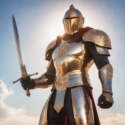 Picture the Sun Knight, a gallant superhero clad in radiant armor, holding a gleaming sword bathed in sunlight. He stands against a radiant sky, ready to uphold justice