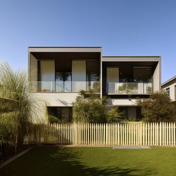 A modern duplex with elegant architecture with a spacious garden surrounded by a picket fence on a sunny day.