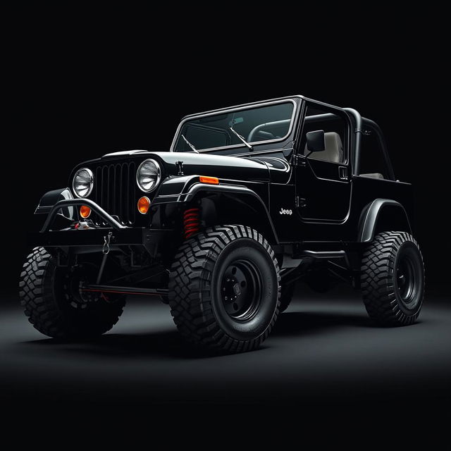 A dark background featuring a 1978 black Jeep CJ5 in an off-road setting